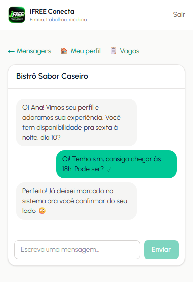 Janela de conversa entre a freelancer e a empresa combinando o turno