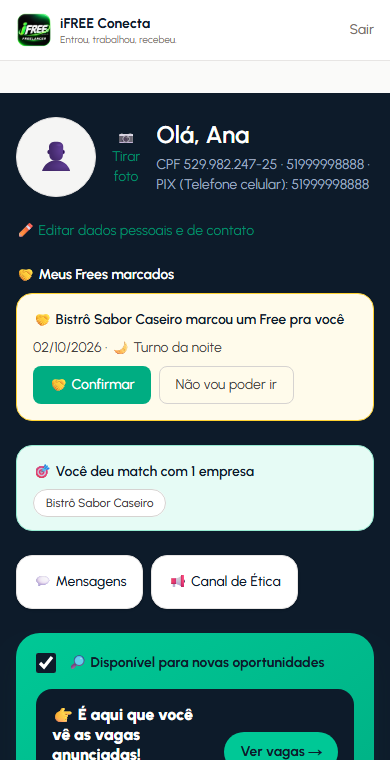 Tela inicial do Portal mostrando perfil, Free marcado aguardando confirmação e o interruptor de disponibilidade